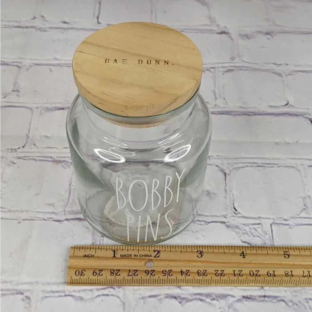 Rae Dunn BOBBY PINS Glass Jar Storage Container with Wooden Lid